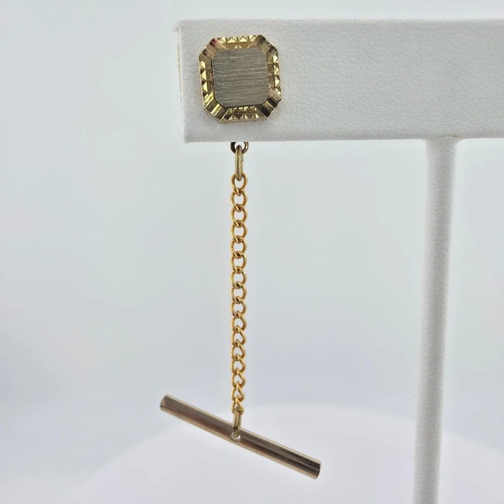 Vintage SWANK Tie Tack Clip Cufflink Set Diamond Cut Border Silver Gold Tone